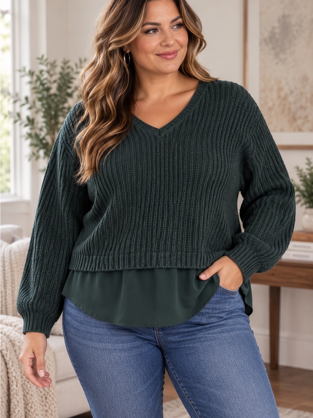 torrid Dark Forest Green V-Neck Ribbed Sweater with tie detail on the back